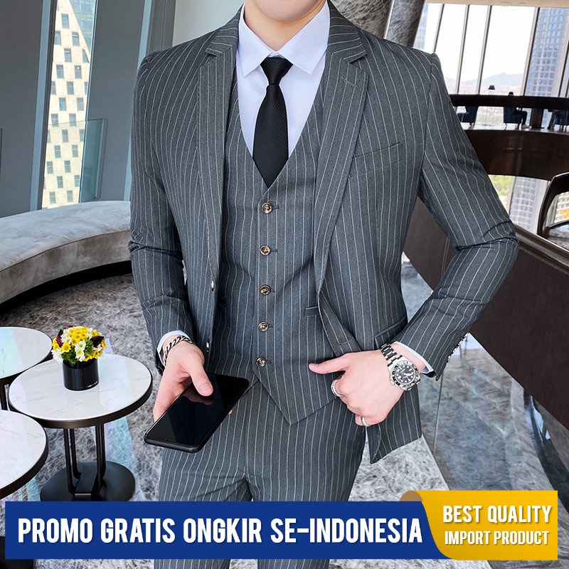 Jual Tiga Potong Slim Fit Indah Korea Bergaris Bisnis Memakai Abu Aburs