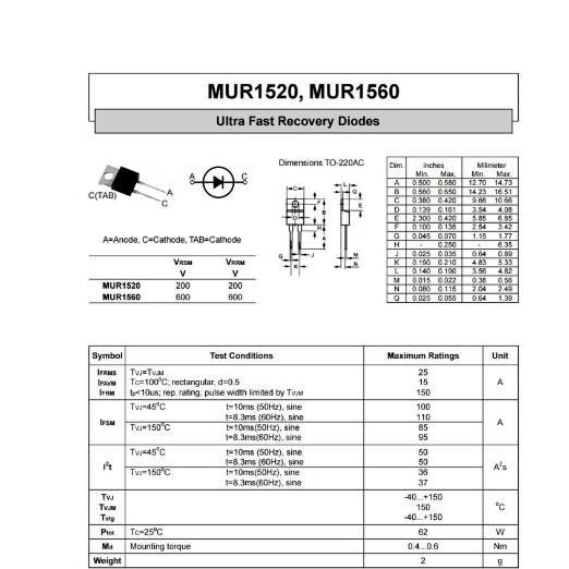 Jual Mur1560 Mur 1560 600V Ultra Fast Rectifier Recovery Diodes Diode