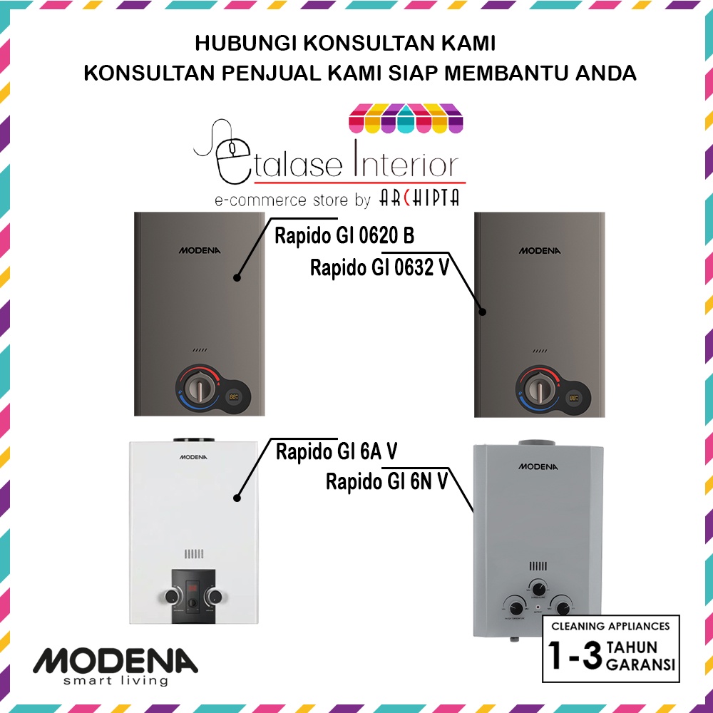 Jual Modena Water Heater Tankless Gas Instant 6L Rapido GI 0620 B