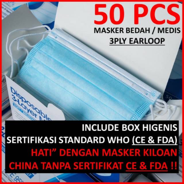 Jual Masker 3 Ply 3ply Surgical Mask Disposable Earloop Bedah Isi 50