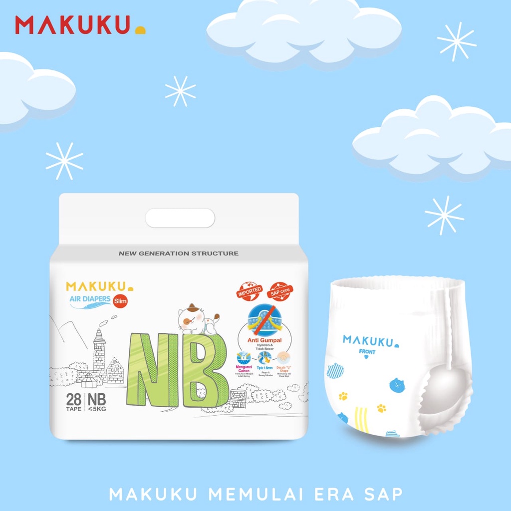 Jual NEW Kemasan Baru Popok Makuku Air Diapers SLIM Tape NB28