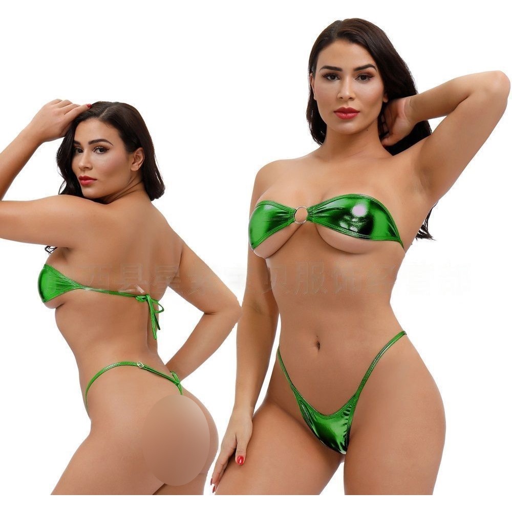 Jual Sexy Lingerie Patent Leather Swimsuit Three Point Bra Set Bikini