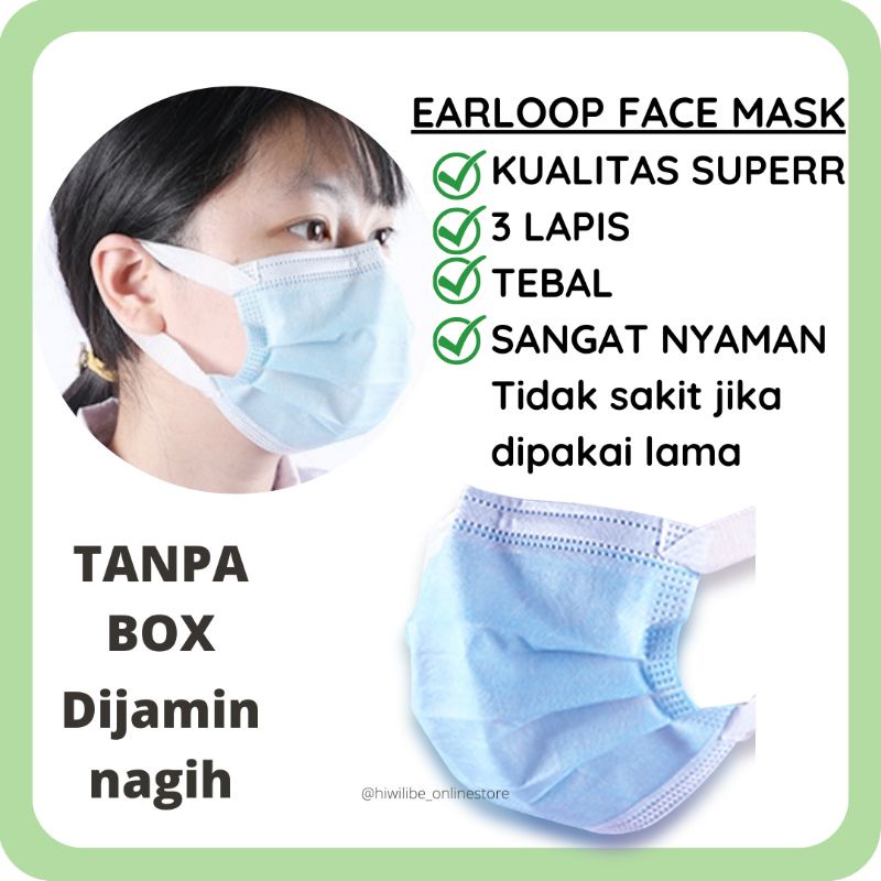 Jual Hwlb Masker Ply Earloop Biru Tali Painless Gepeng Lebar Isi