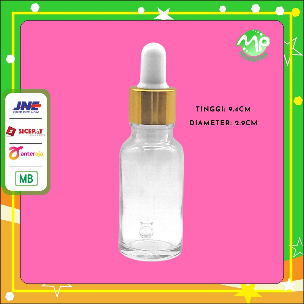 Jual BOTOL KACA PIPET 20ML BENING CLEAR RING GOLD KARET PUTIH