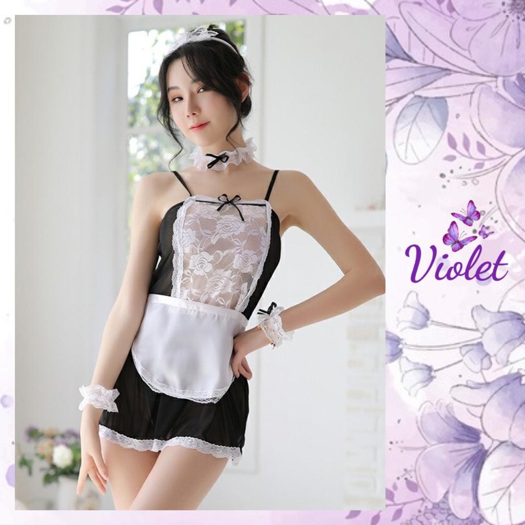 Jual Violet Lingerie Set Seksi Cosplay Pelayan Renda Transparan TANPA