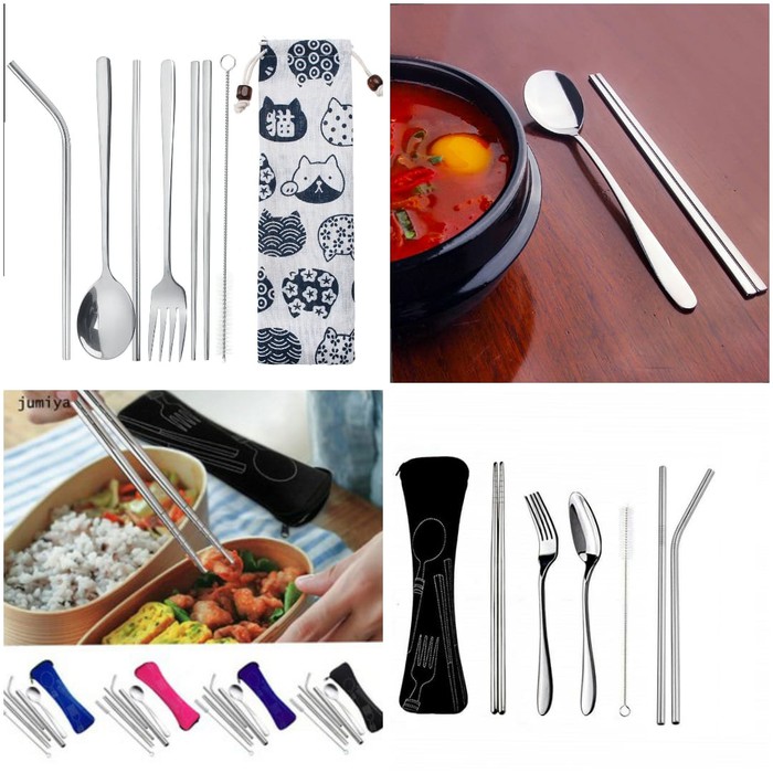 Jual Alat Makan Set Stainless Paket Sendok Garpu Sumpit Sedotan