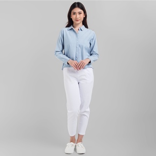 Jual Benhill Kemeja Crop Top Wanita Denim Lengan Panjang Light Blue