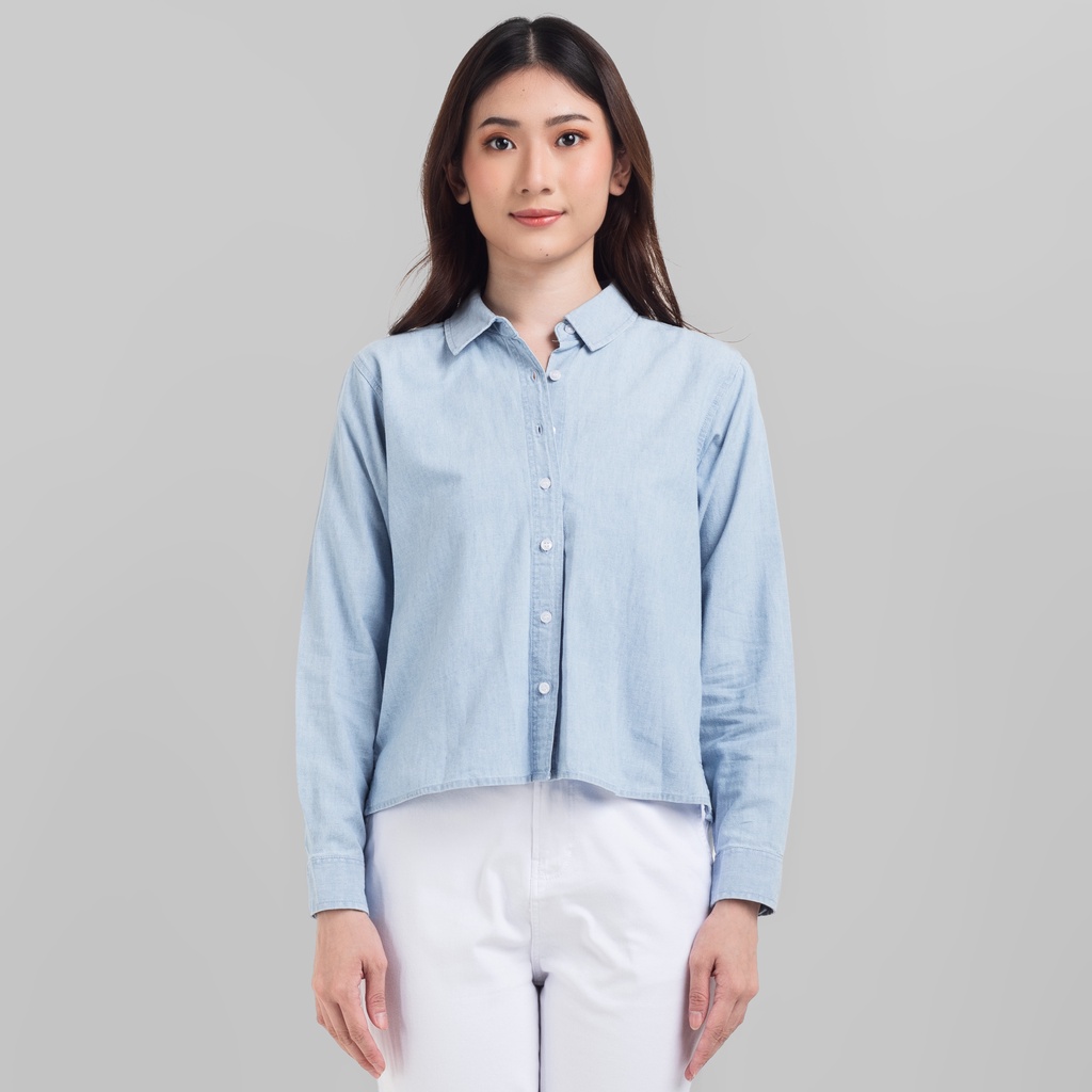 Jual Benhill Kemeja Crop Top Wanita Denim Lengan Panjang Light Blue