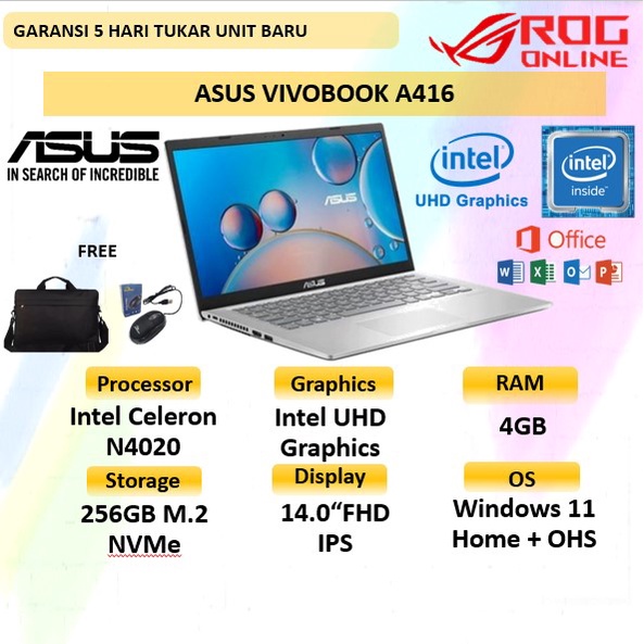 Jual LAPTOP ASUS VIVOBOOK 14 A416MA VIPS INTEL CELERON N4020 RAM 4GB