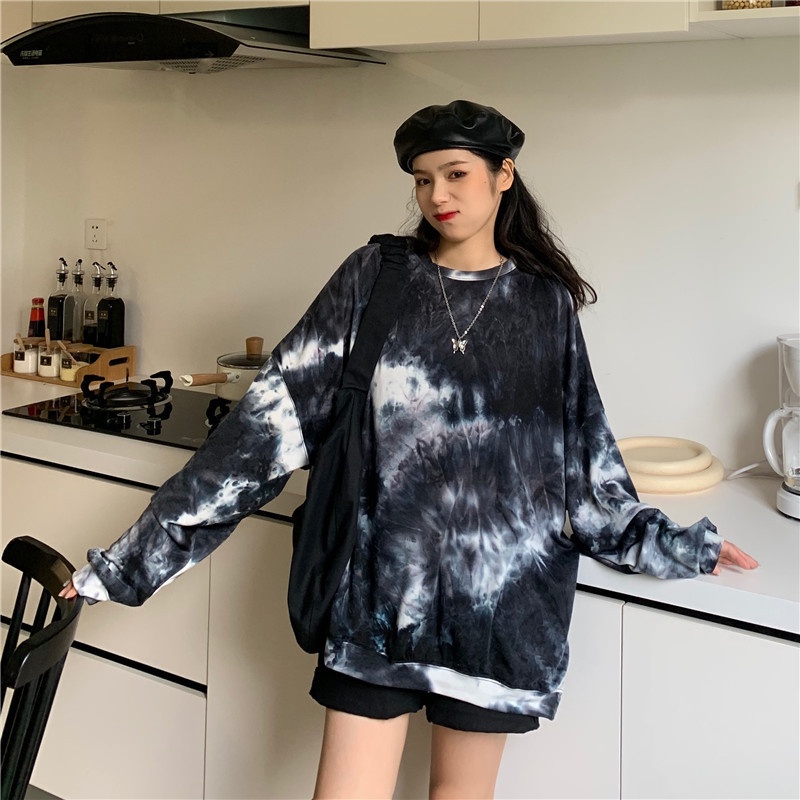 Jual Black Tie Dye Ls Shirt Oversize Tee Kaos Longgar Korea Kaos