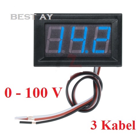 Jual Voltmeter Digital DC Frame LED Blue Biru 3 Kabel 3 Wire 0 100V 0