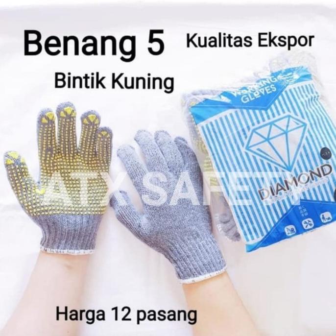 Jual Sarung Tangan Kerja Benang 5 ABU Bintik Kuning Safety Glove