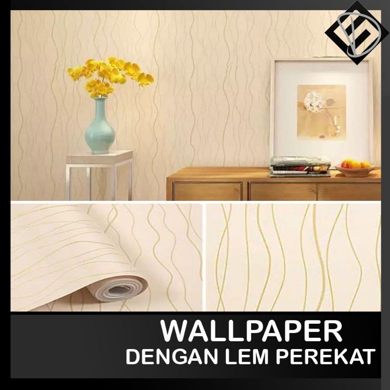 Jual Wallpaper Sticker Dinding Minimalis Salur Gelombang Gold Cream