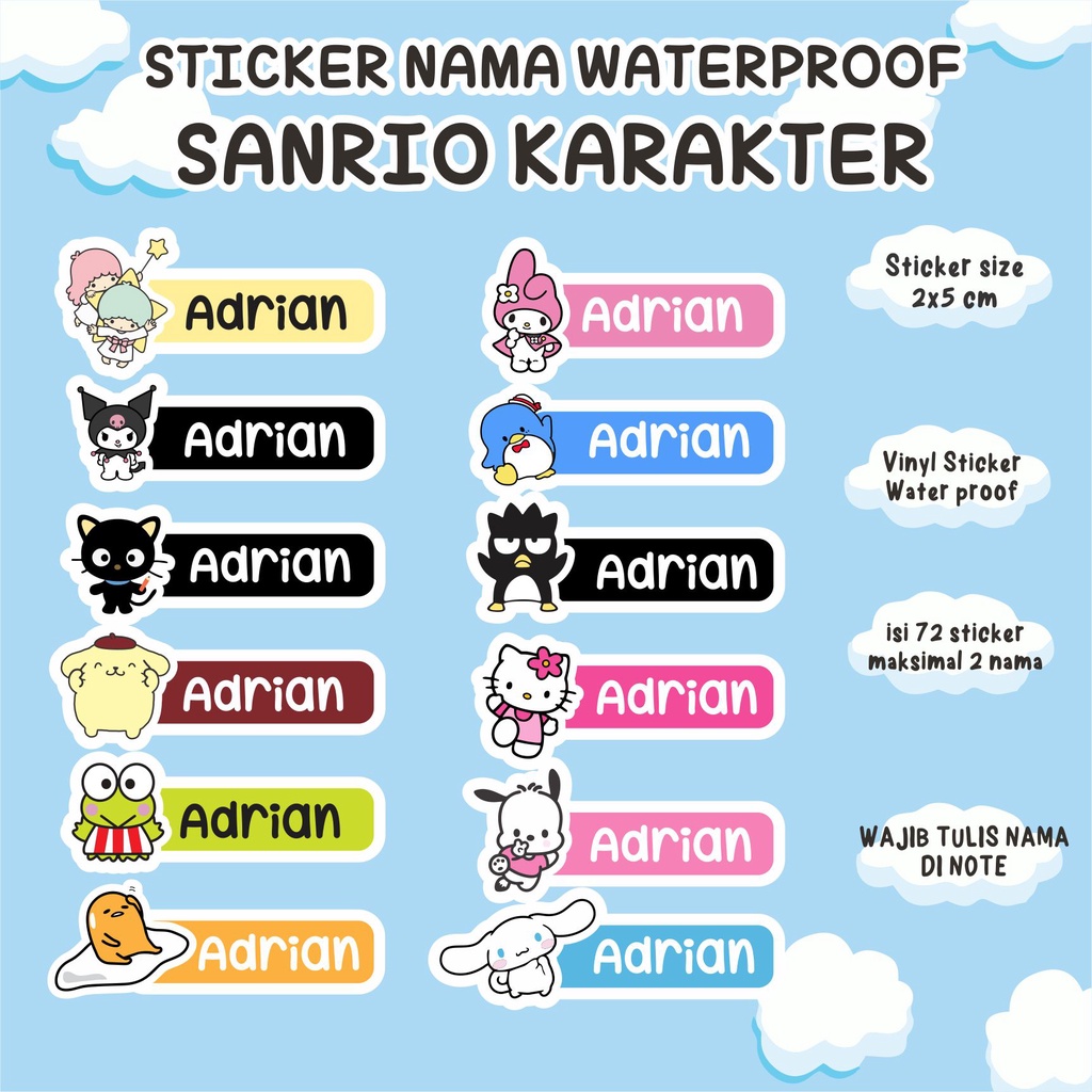 Jual DAPAT SEMUA KARAKTER SANRIO KARAKTER STIKER NAMA WATERPROOF 72