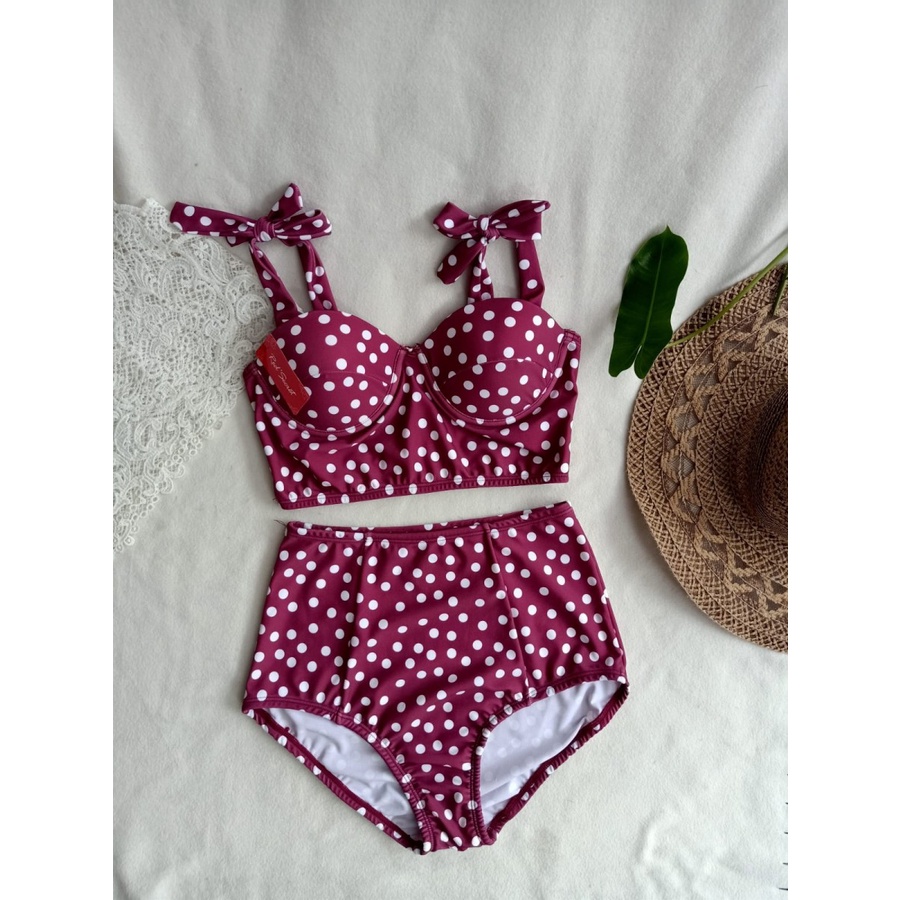 Jual Pakaian Renang Wanita Bikini Pantai Sexy Motif Marun Dot