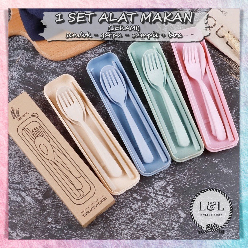 Jual 1 Set Alat Makan Sendok Garpu Sumpit Box Plastik Jerami Wheat