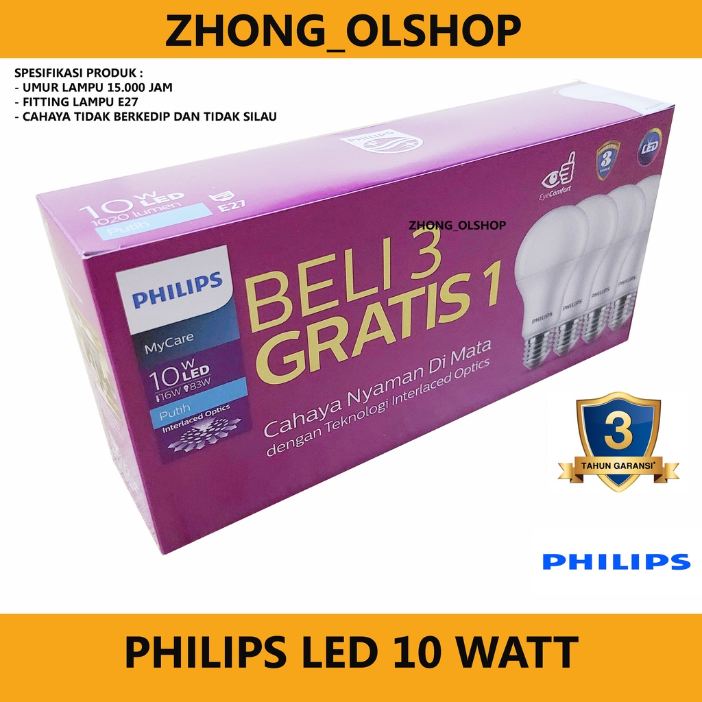 Jual Lampu Philips LED Mycare Pack 10 Watt BELI 3 GRATIS 1 Putih