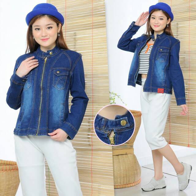 Jual MC Girl Jaket Jeans Kerah Tinggi Jaket Kerah Shanghai Resleting