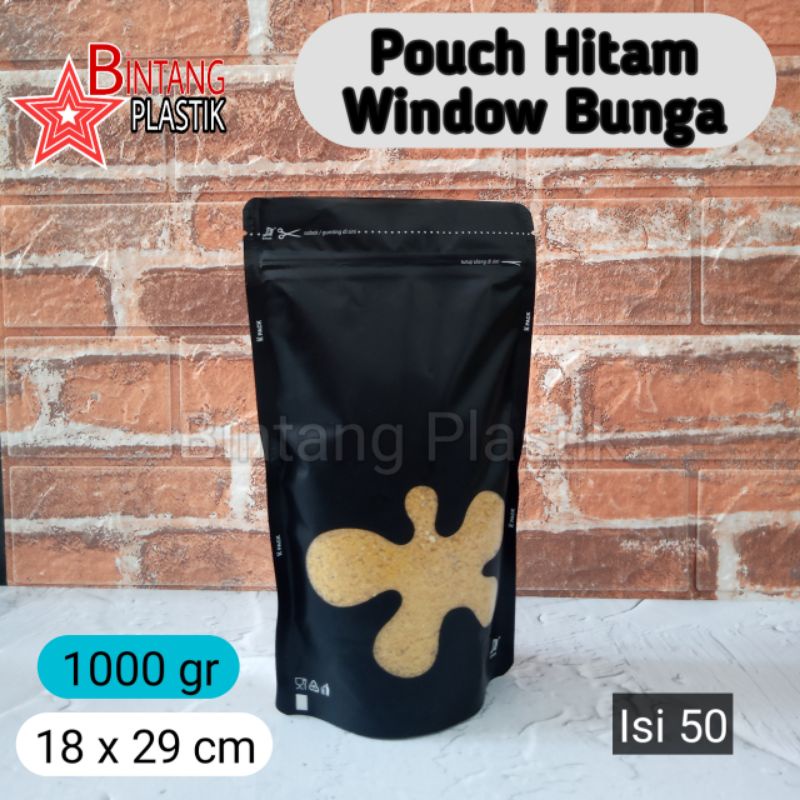 Jual 50pcs Standing Pouch HITAM DOFF WINDOW 1000gram 18x29 Cm Kemasan