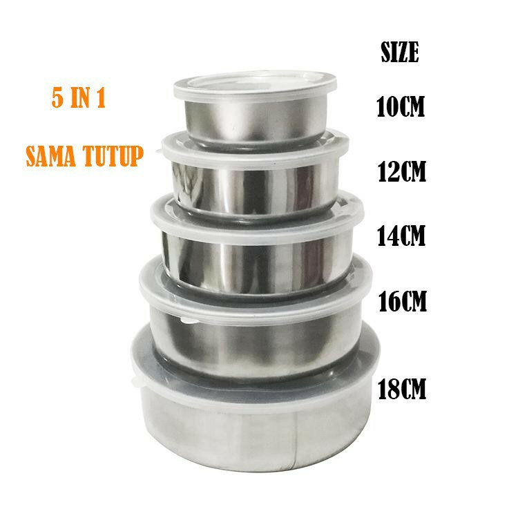 Jual Baskom Stainless Set 5 In 1 Mangkok Piring Tutup Mangkok