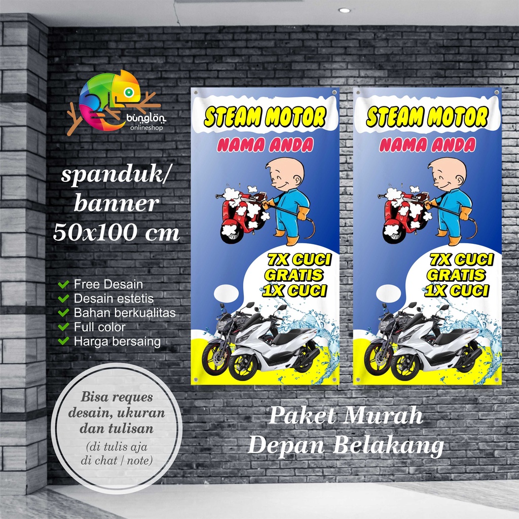 Jual Size 50x100 Cm Spanduk Banner Cuci Steam Motor Mobil Depan