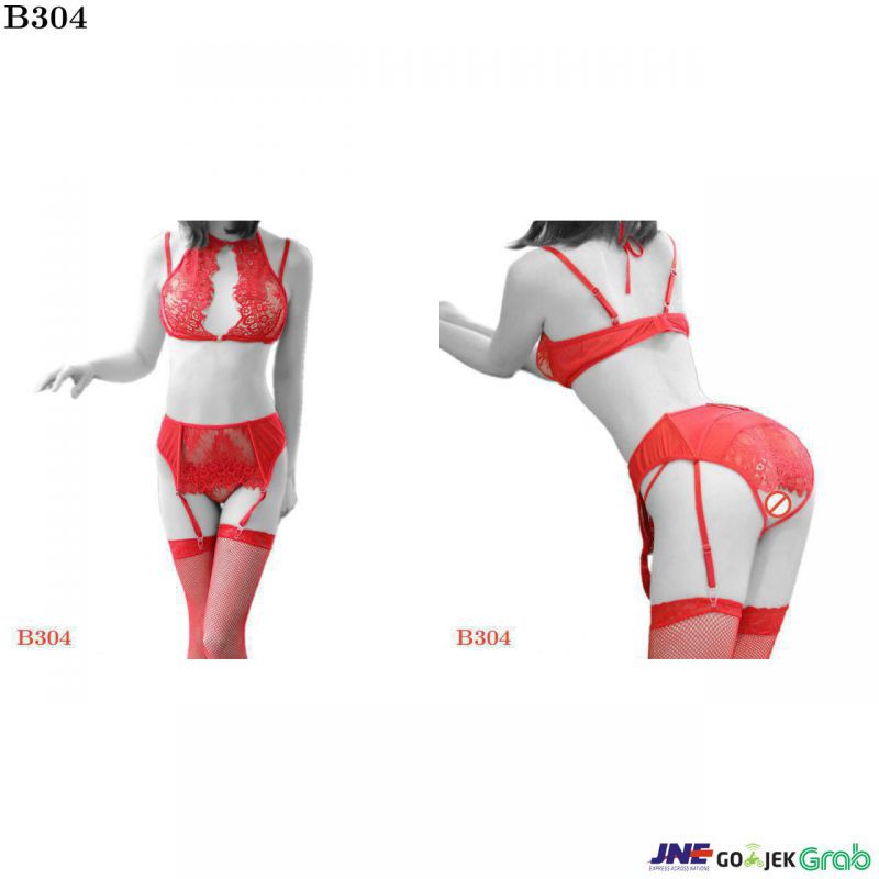 Jual B304 Bikini Bra Set Halterneck Merah Transparan Crotchless