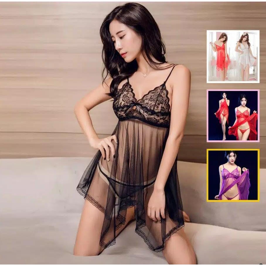 Jual Smile Set Lingerie Wanita Bahan Lace Tipis Kerah Deep V Neck Tanpa