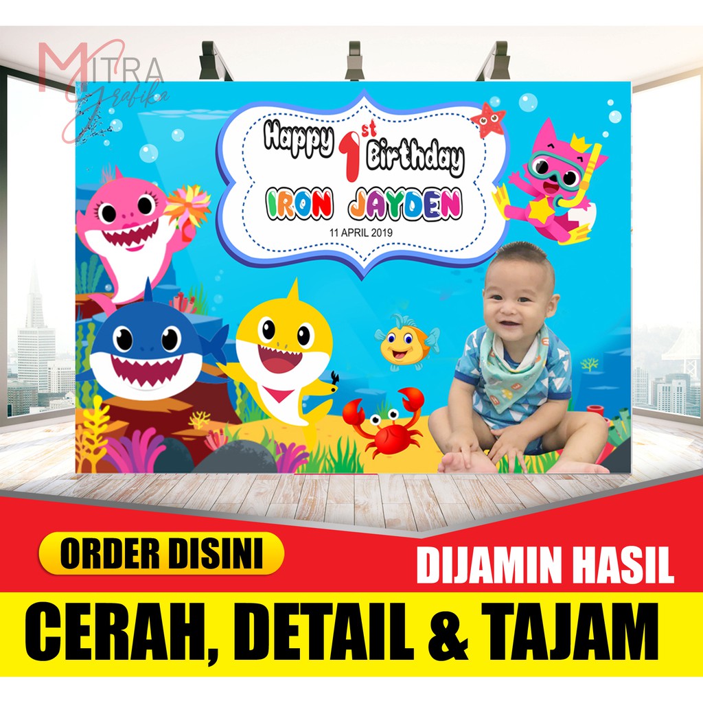 Jual Spanduk Ultah Banner Ulang Tahun Tema Baby Shark Hiasan Ulang