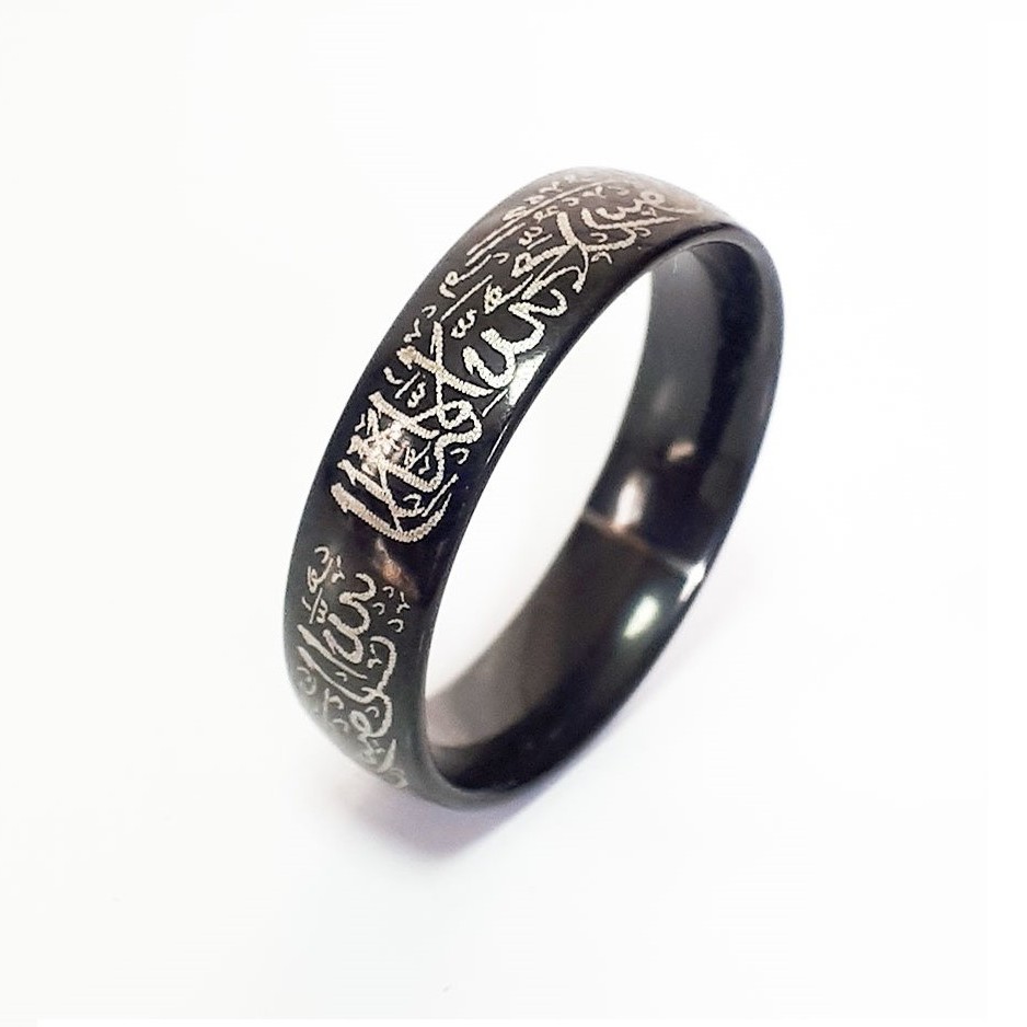 Jual Cincin Titanium Tauhid Hitam Syahadat Muslim Tulisan Arab Islam