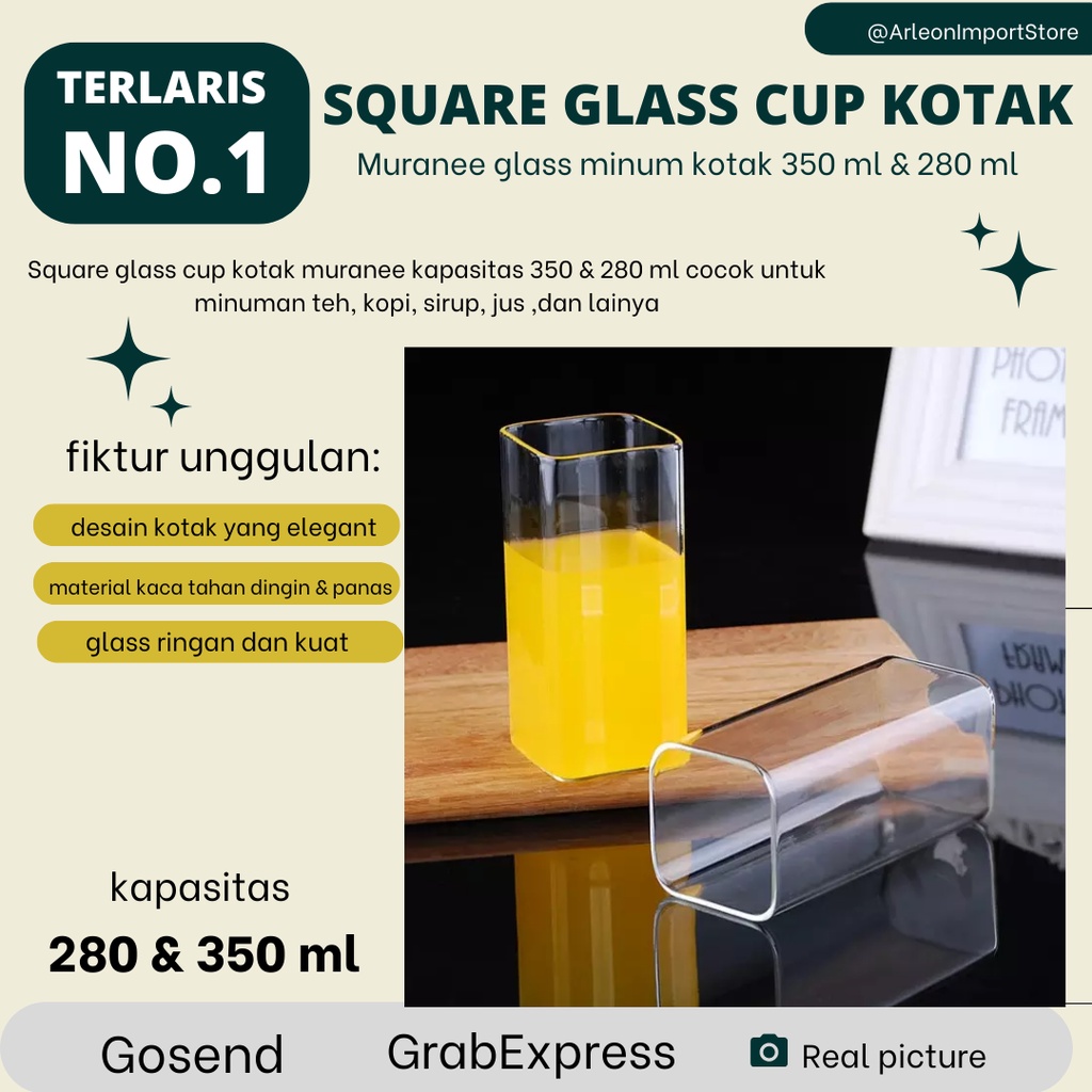 Jual SQUARE GLASS CUP MURANEE GELAS KACA KOTAK GELAS MINUM 350 280 ML