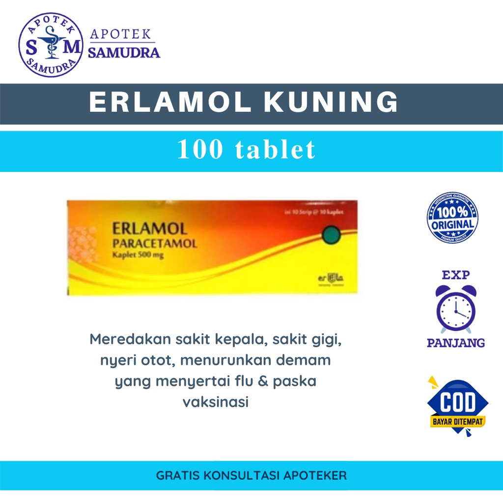 Jual ERLAMOL KUNING Kaplet Box Isi 100 Kaplet Paracetamol 500mg