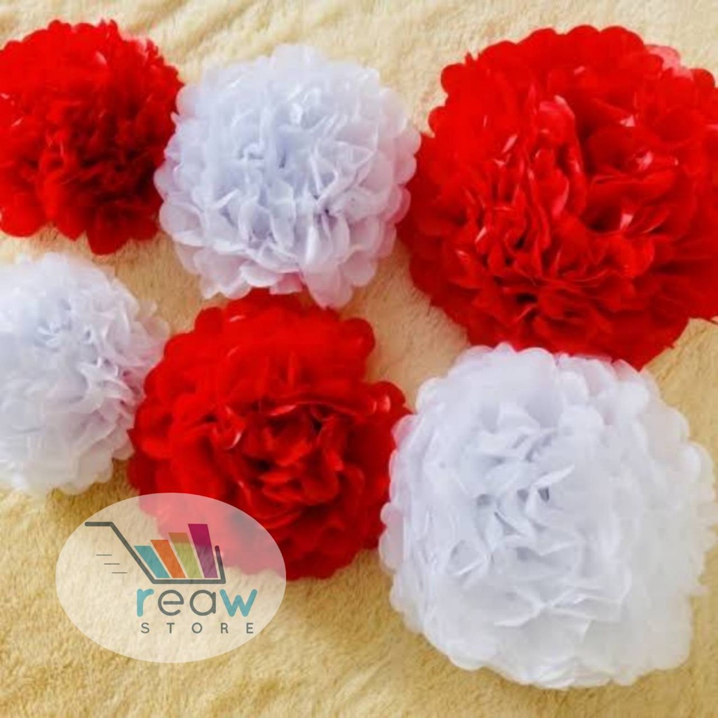 Jual Tissue Pompom Kertas Merah Putih Hiasan Dekorasi HUT RI Dirgahayu