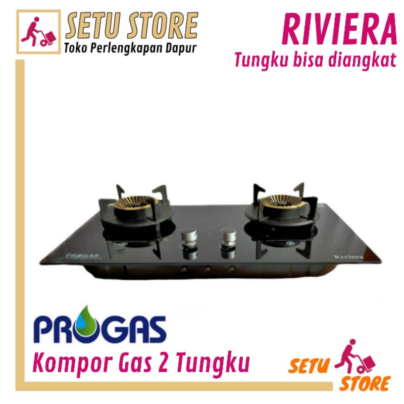 Jual Kompor Tanam Kaca Gas LPG Progas Riviera 2 Tungku Bisa Diangkat