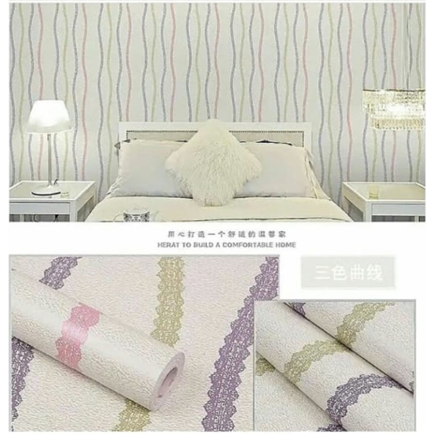 Jual Wallpaper Dinding Cm X M Salur Garis Hijau Biru Pink Ungu