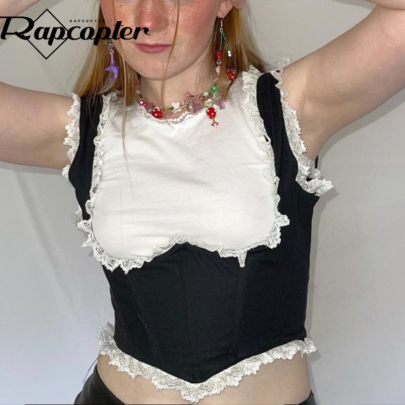 Jual Rapcopter Y2k Lace Frill Corset Top Backless Tie Up Tank Top Women