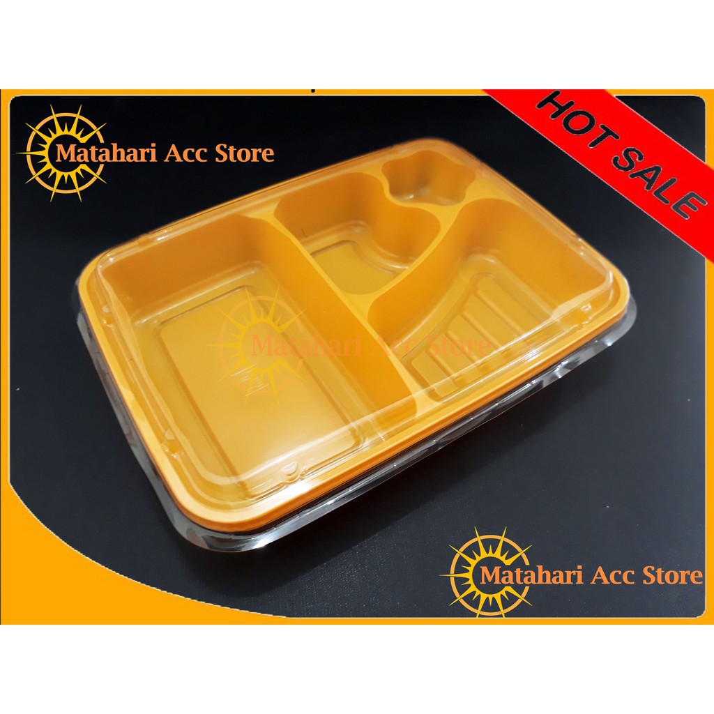 Jual MIKA BOX BENTO 4 SKAT KOTAK MAKAN TRAY KUNING ISI 50 PCS