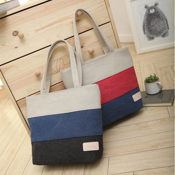 Jual Korean Stripes Color Canvas Tote Bag Tas Kanvas Bahu Wanita