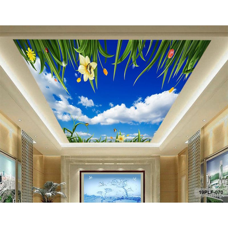 Jual Wallpaper 3D Custom Plafon Awan Biru Daun Hijau Bunga Kuning