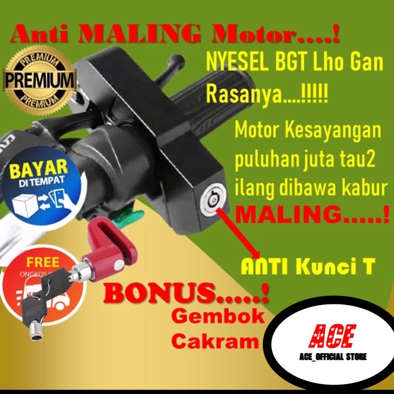 Jual ACE BONUS GEMBOK CAKRAM GEMBOK MOTOR ANTI MALING KUNCI STANG