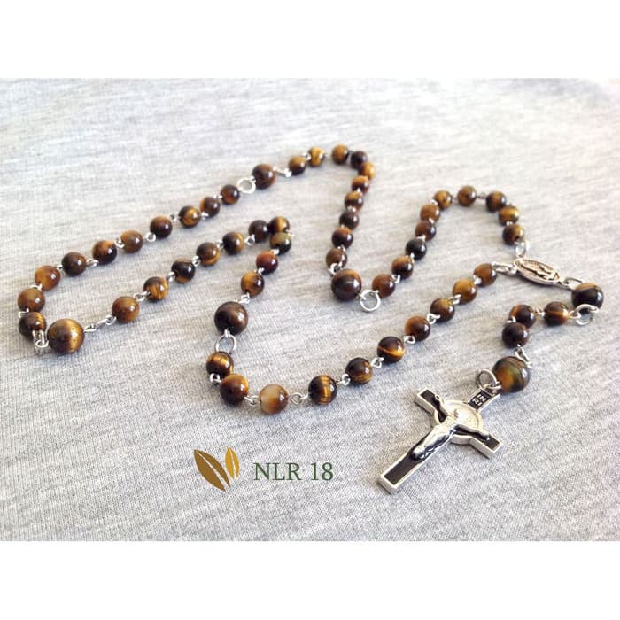 Jual Kalung Rosario Batu Alam Tiger Eye Gemstone Katolik Pria