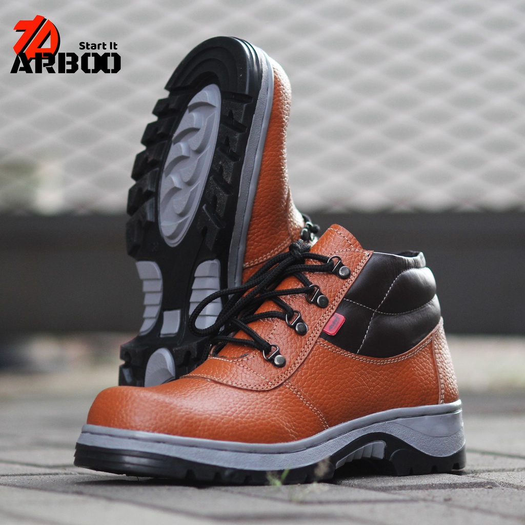 Jual Sepatu Safety Boots Pria Arboo Ch Tan Kulit Asli Ujung Besi