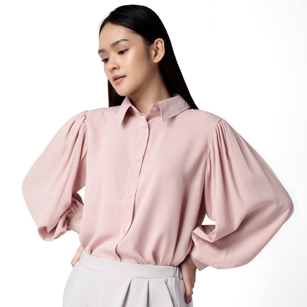 Jual Benhill Kemeja Wanita Seori Tops Lengan Panjang Puff Pink