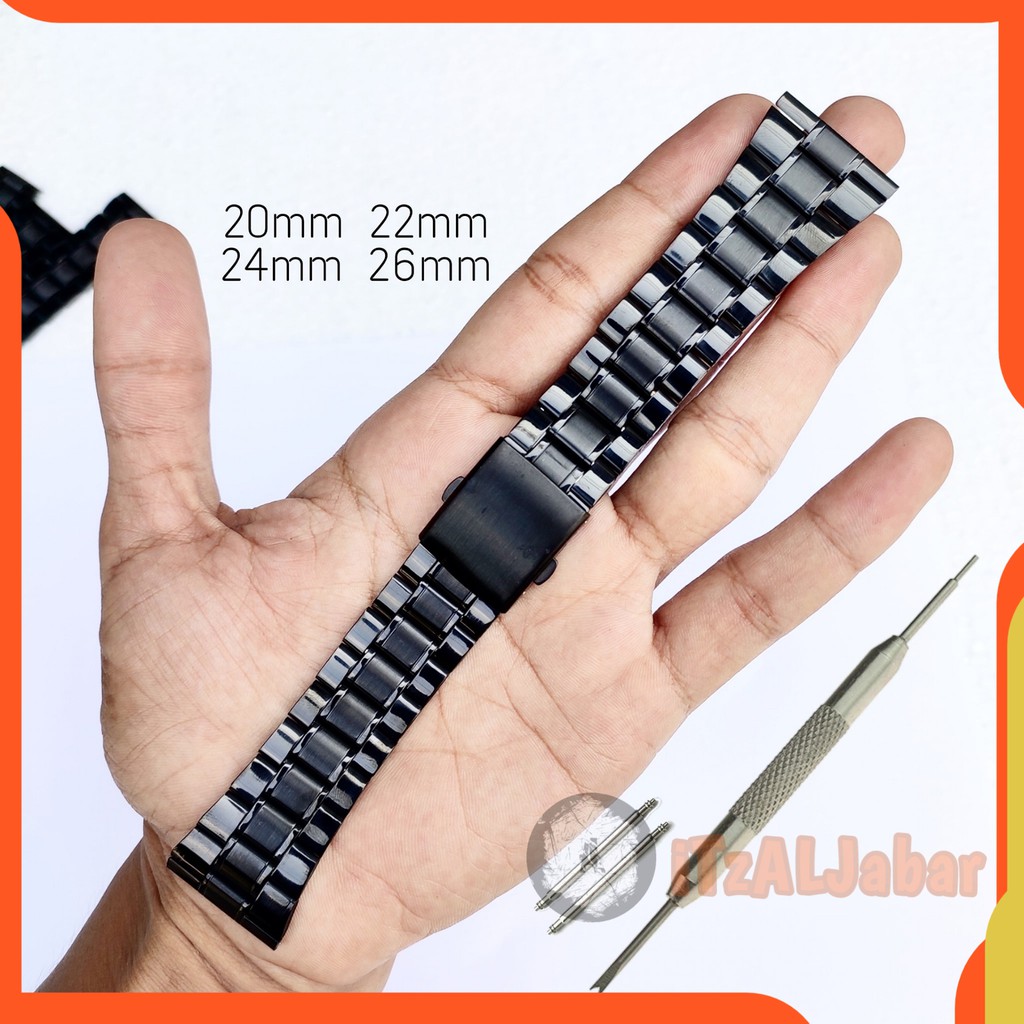 Jual Tali Jam Rantai Stainless Strap Lurus Hitam 20mm 22mm 24mm 26mm