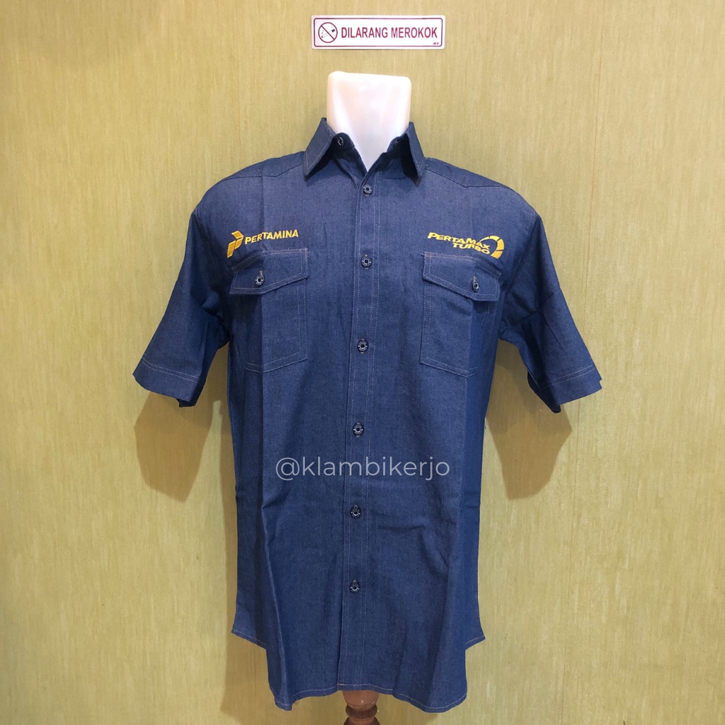 Jual Kemeja Seragam Jeans Denim Promosi Pertamina Turbo Shopee