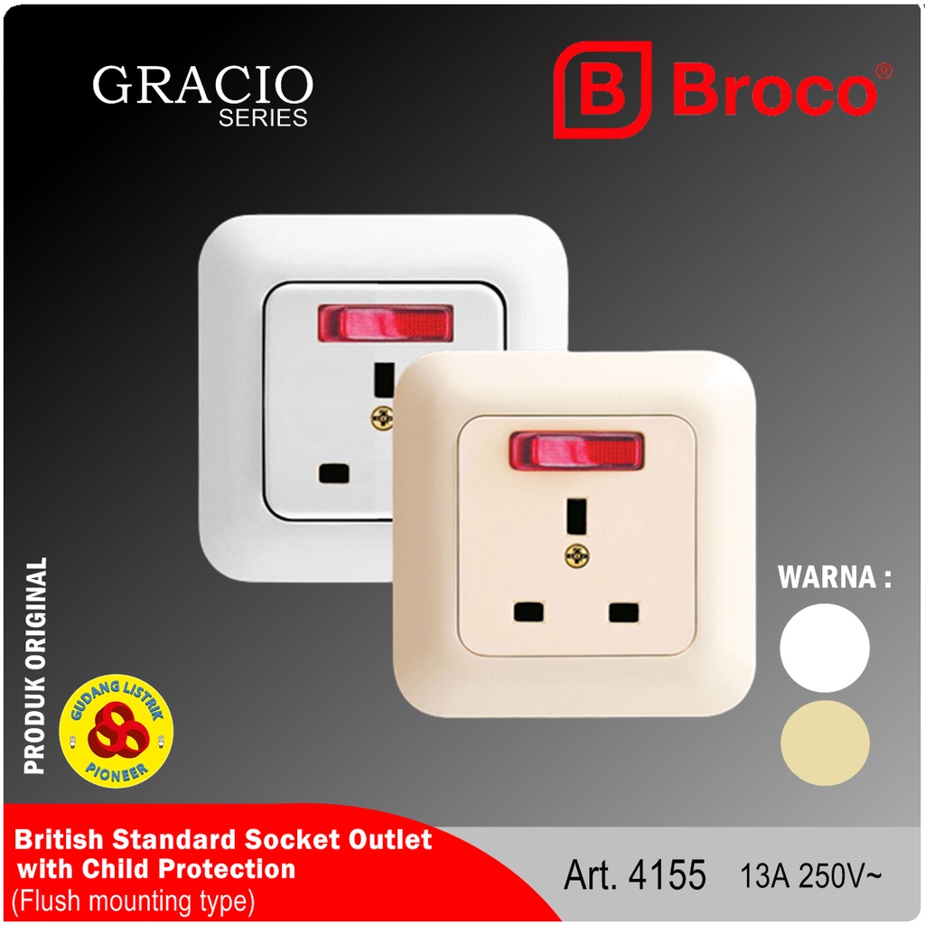 Jual Broco Stop Kontak AC Gracio 4155 Socket 3 Pin Dengan Saklar Lampu