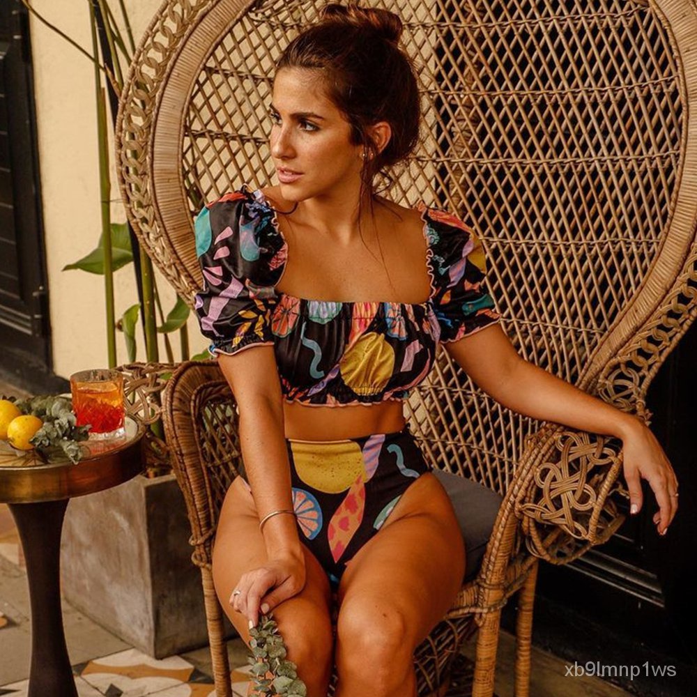 Jual Sexy Women Puff Sleeve Bikini Set 2021 Bandeau Swimwear Printed Swimsuit High Waist Bathing