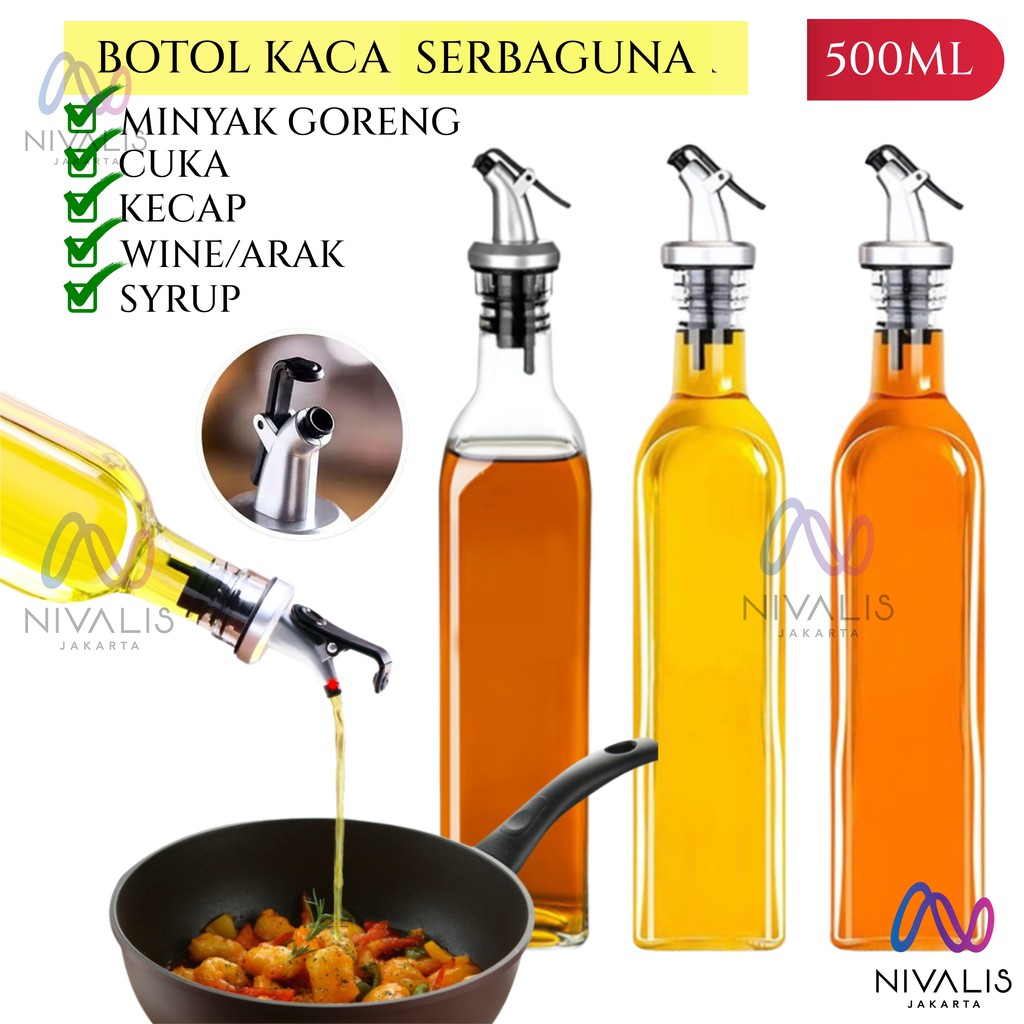 Jual BOTOL MINYAK KACA 500ML BOTOL CUKA KECAP SET POURER PENUTUP TEMPAT