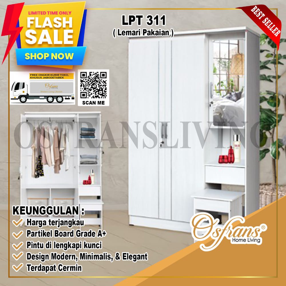 Jual Osfrans Lemari Pakaian Baju Putih Modern Minimalis Pintu Meja