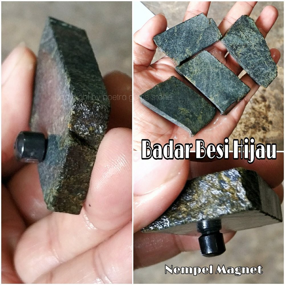 Jual Bahan Rough Natural Batu Akik Badar Besi Hijau Nempel Magnet