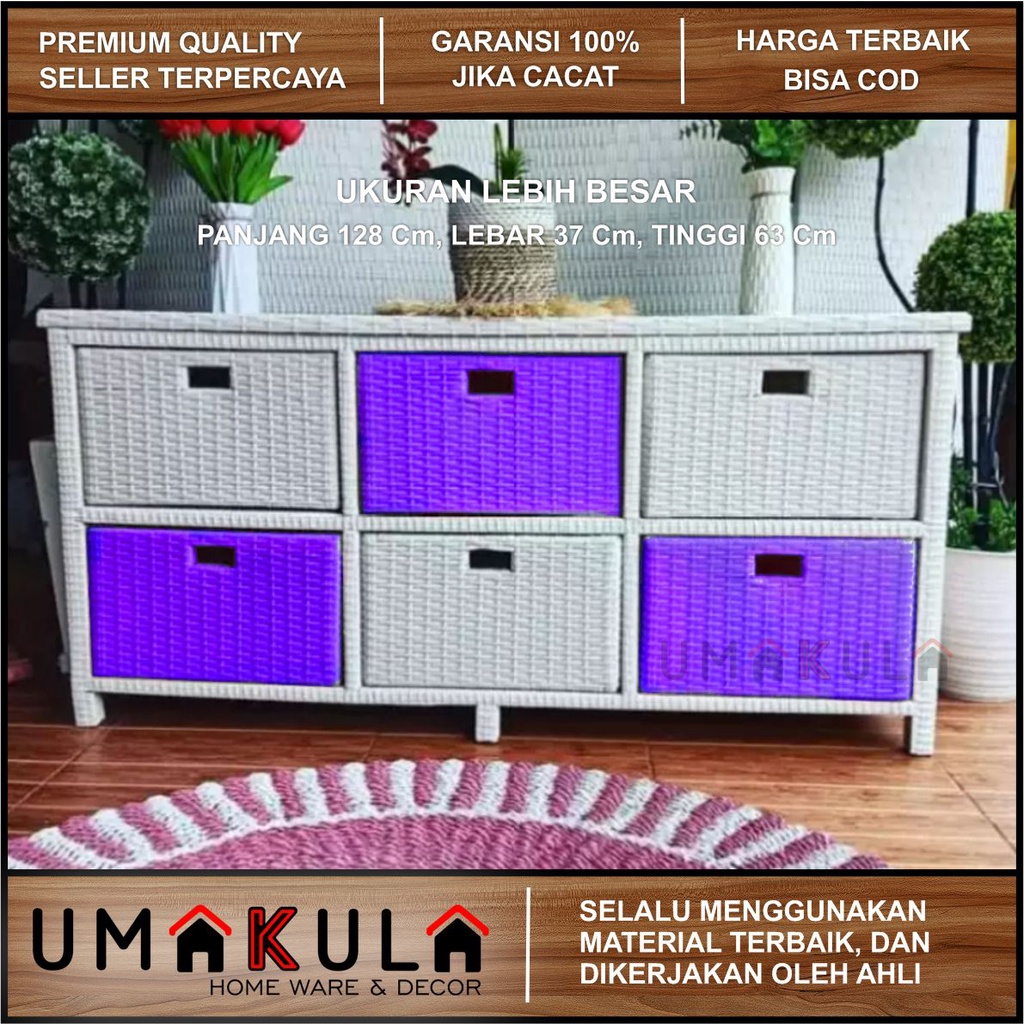 Jual Rak Lemari Rotan Sintetis 6 Laci Buffet Bufet Meja TV Ruang Tamu